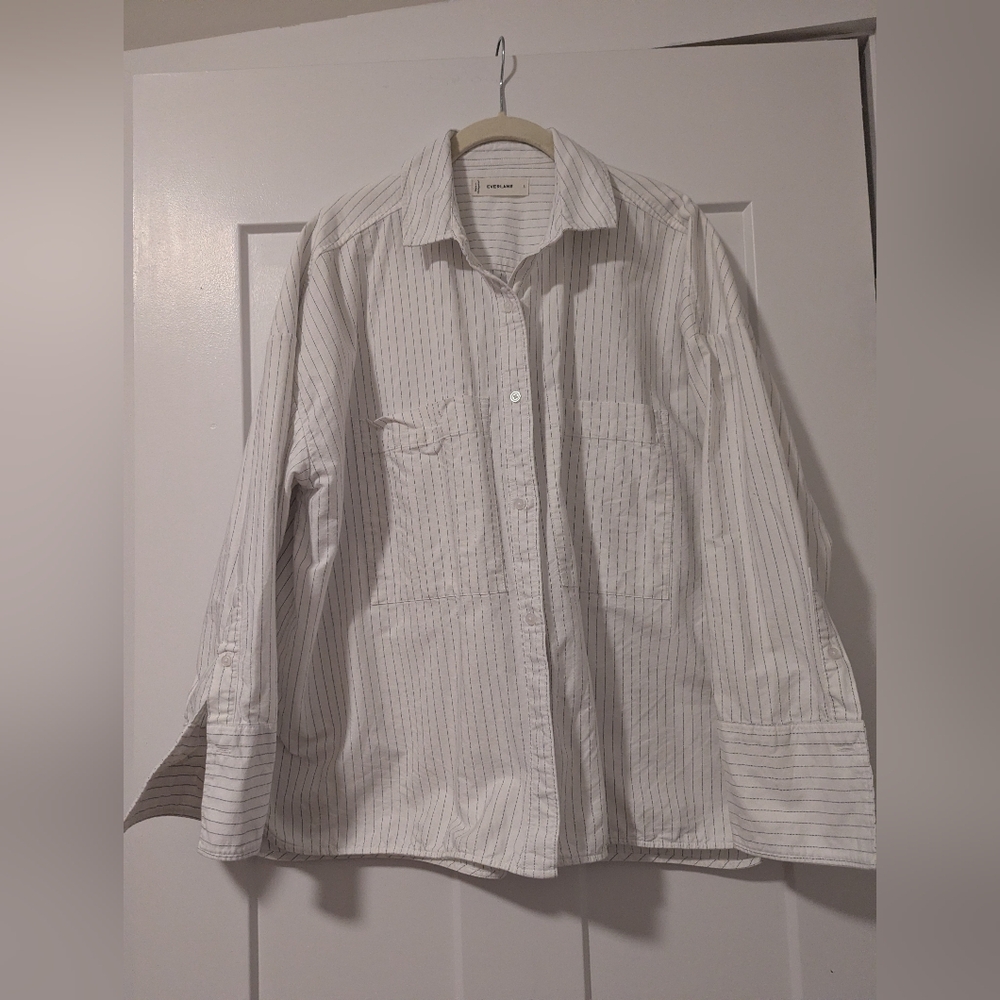 Everlane Boxy Oxford, White With Black Stripes, Euc